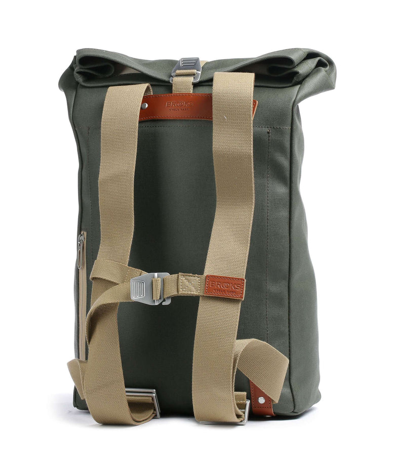 Brooks England Pickwick Cotton Canvas Large Rolltop backpack sage green/honey details